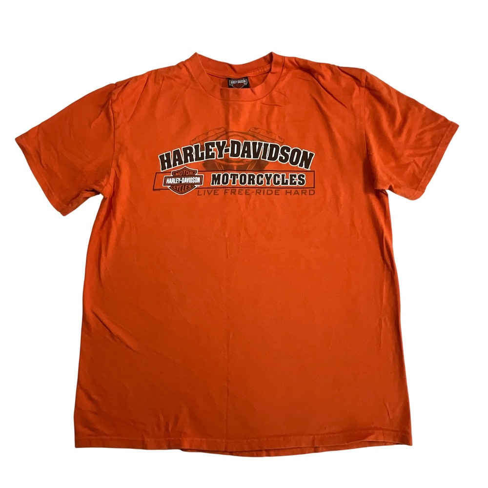Harley Davidson Motorcycles Live Free Ride Hard‎ Orange T Shirt WY Men Size XL